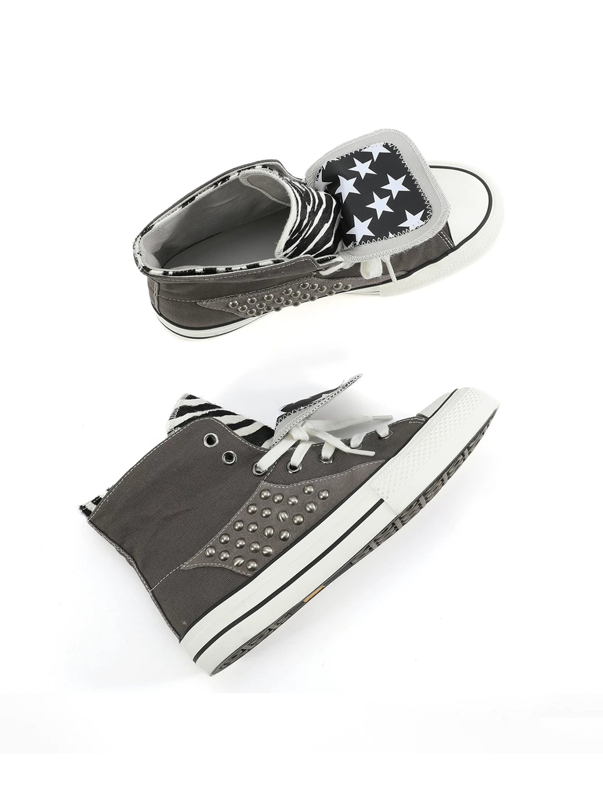NumbAsia Studded Pony Hair Fold-Over Canvas High-Top Sneakers - Gray Zebra top and side view