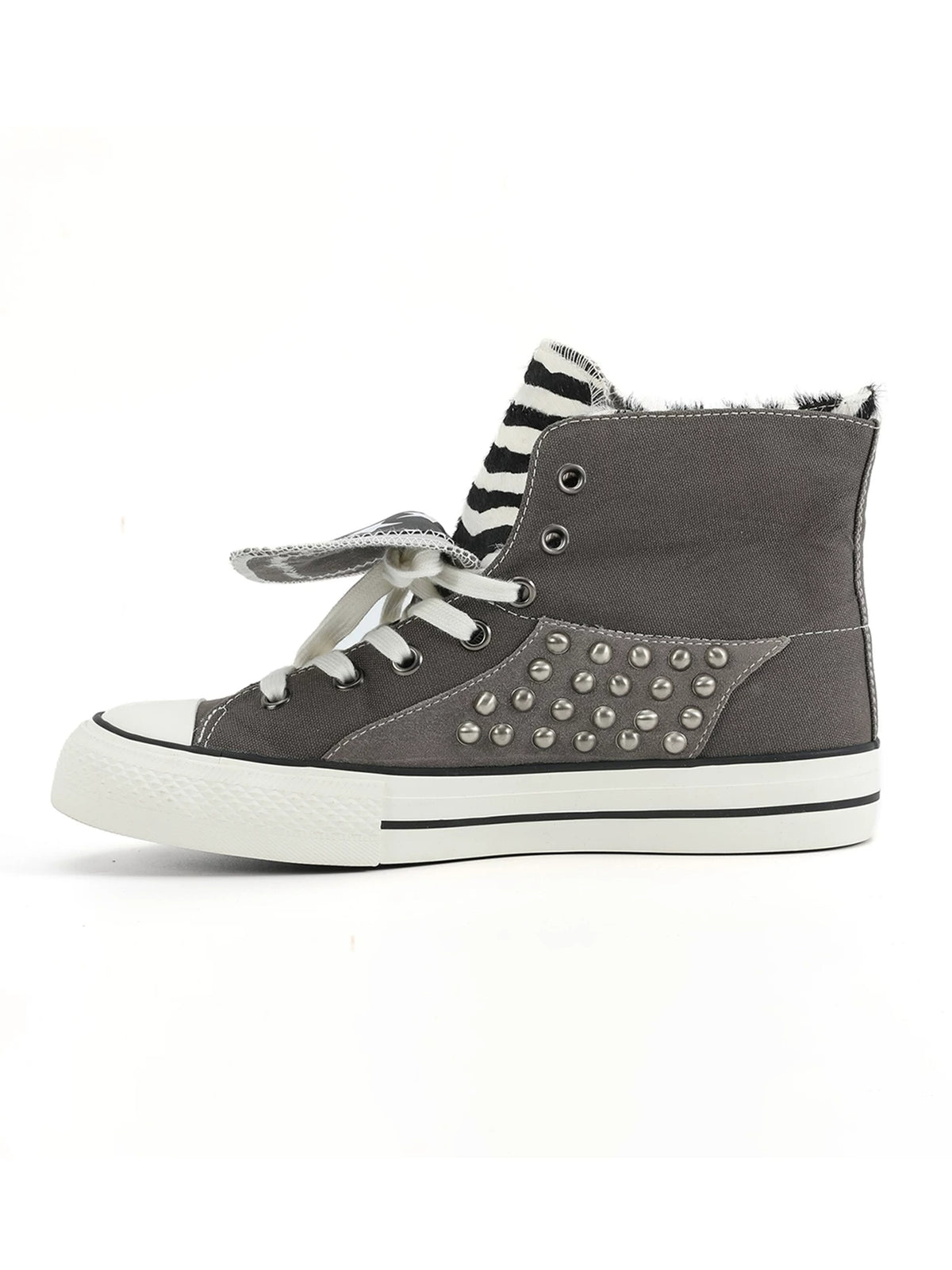 NumbAsia Studded Pony Hair Fold-Over Canvas High-Top Sneakers - Gray Zebra side profile