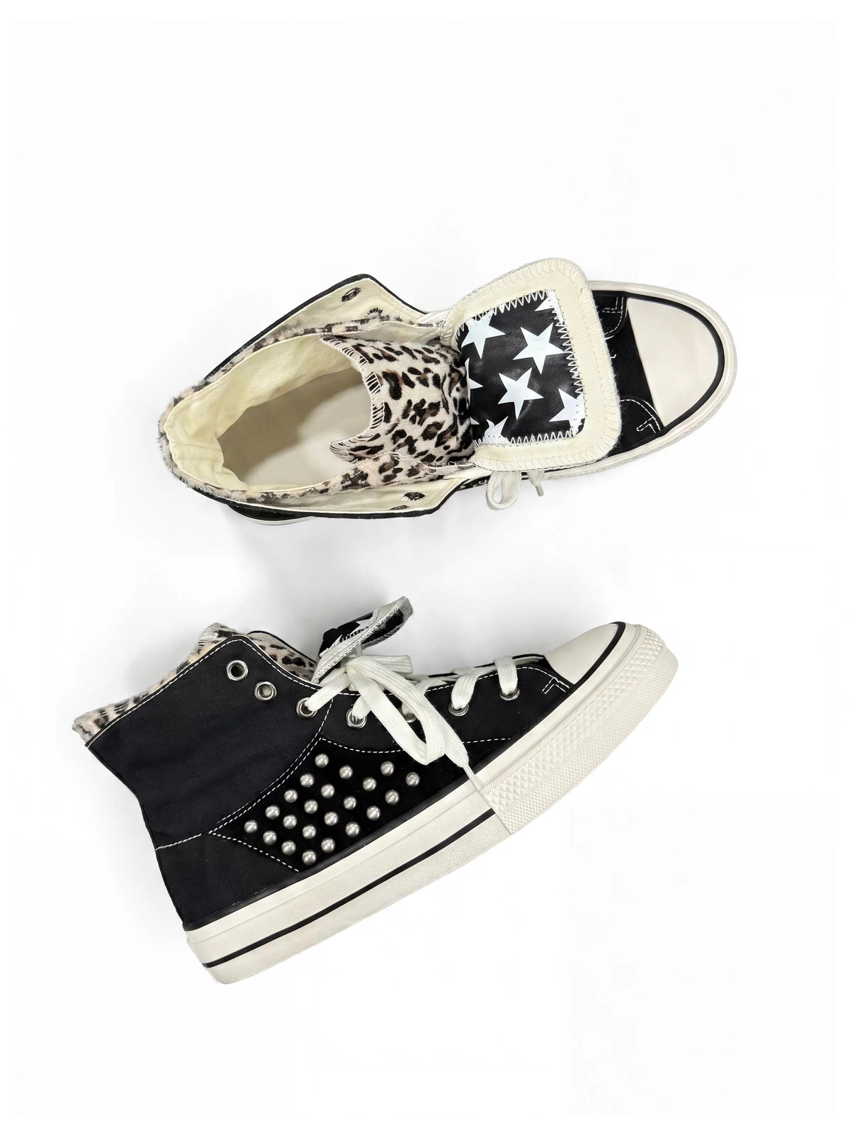 NumbAsia Studded Pony Hair Fold-Over Canvas High-Top Sneakers - Black Leopard top and side view