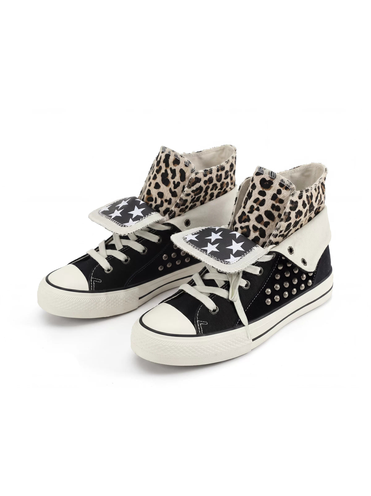 NumbAsia Studded Pony Hair Fold-Over Canvas High-Top Sneakers - Black Leopard pair front view