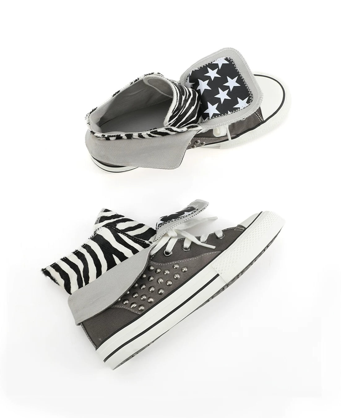 NumbAsia Studded Pony Hair Fold-Over Canvas High-Top Sneakers - Gray Zebra folded collar angle