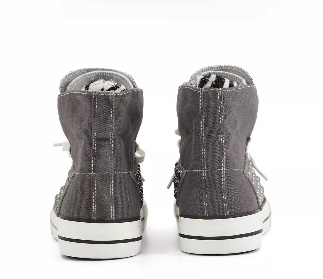 NumbAsia Studded Pony Hair Fold-Over Canvas High-Top Sneakers - Gray Zebra back view