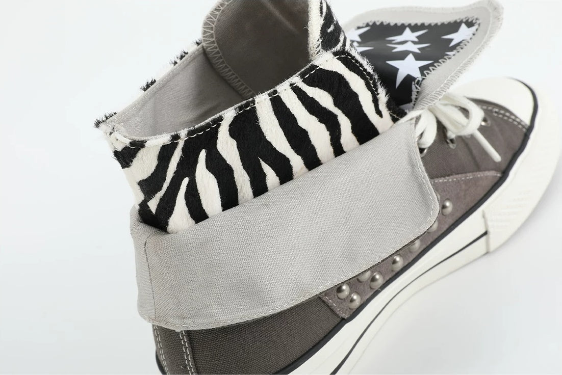 NumbAsia Studded Pony Hair Fold-Over Canvas High-Top Sneakers - Gray Zebra pony hair collar detail