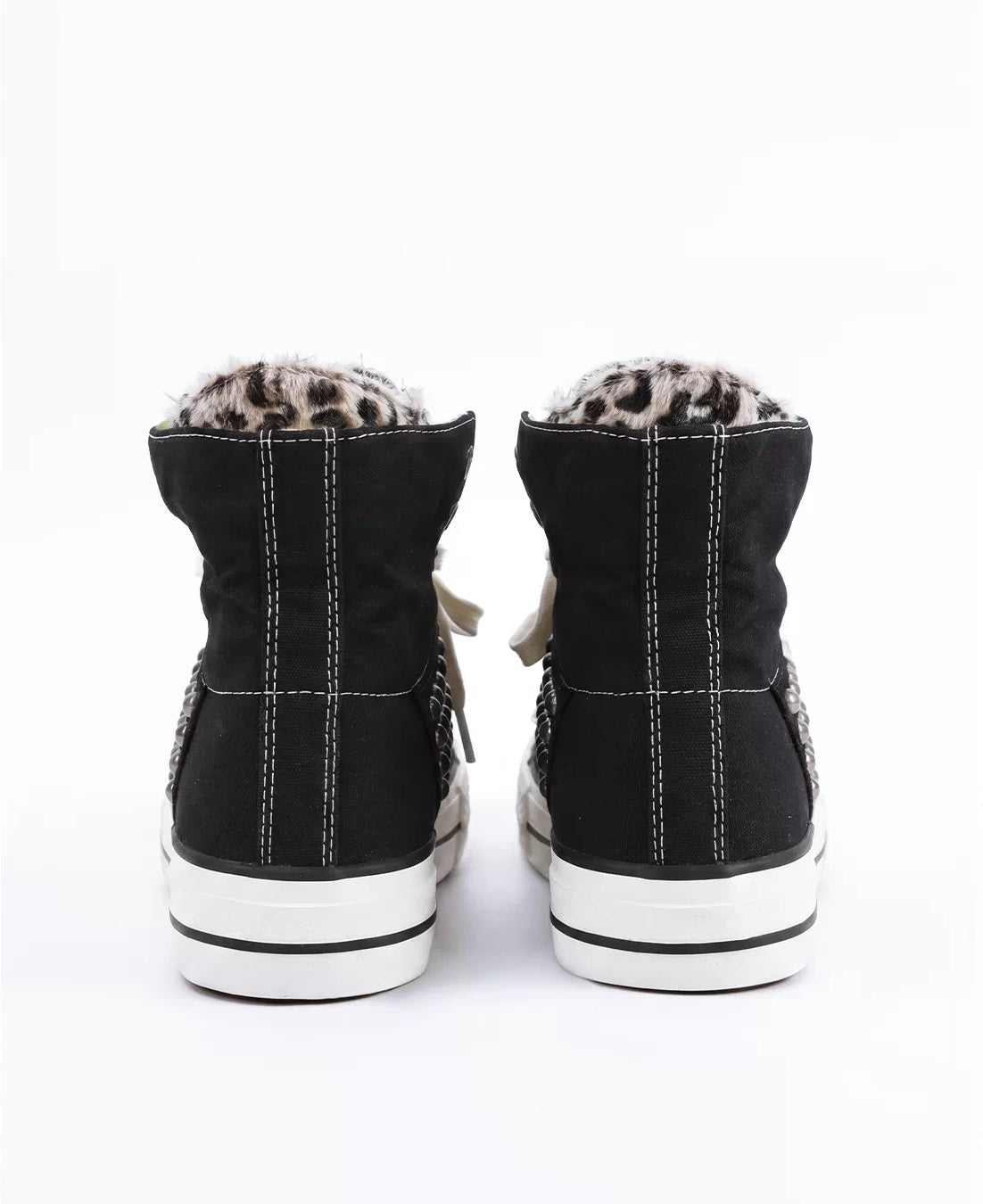 NumbAsia Studded Pony Hair Fold-Over Canvas High-Top Sneakers - Black Leopard back view