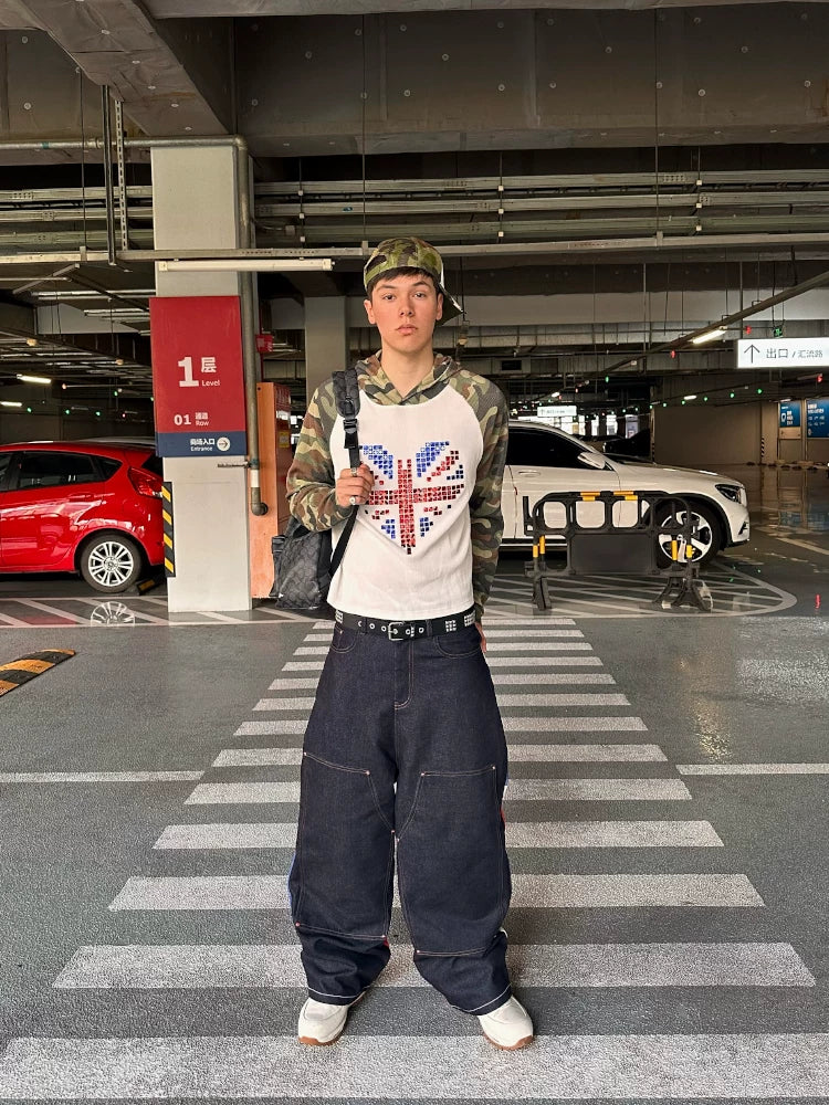 Camo Union Jack Rhinestone Heart Waffle Raglan Hoodie - model front view