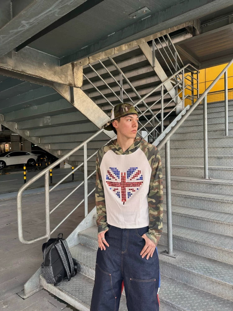 Camo Union Jack Rhinestone Heart Waffle Raglan Hoodie - model side view