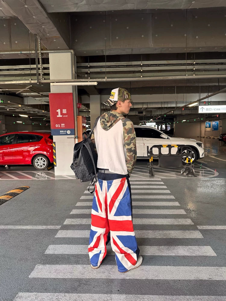 Camo Union Jack Rhinestone Heart Waffle Raglan Hoodie - model back and side view