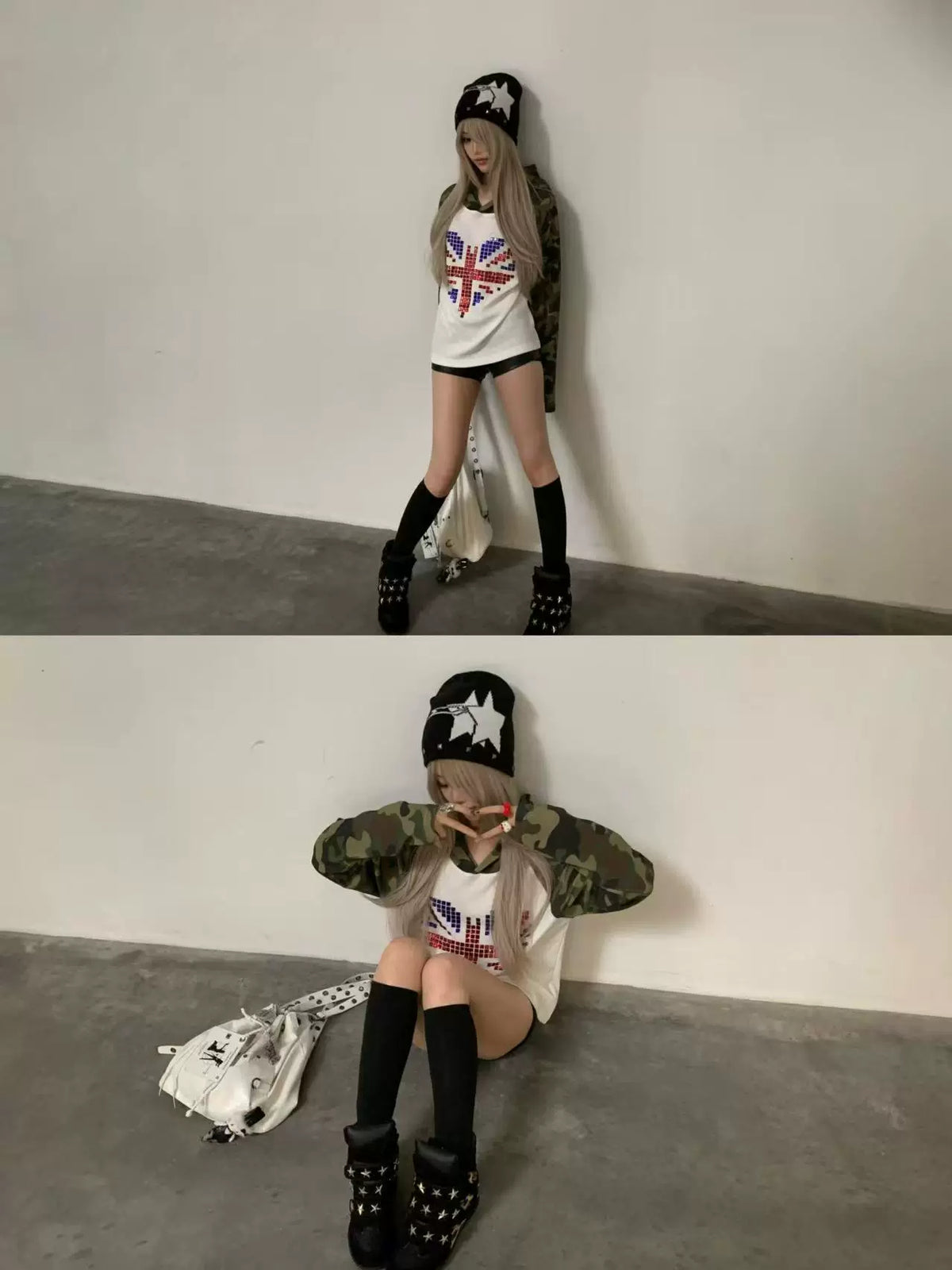 Camo Union Jack Rhinestone Heart Waffle Raglan Hoodie - styled look