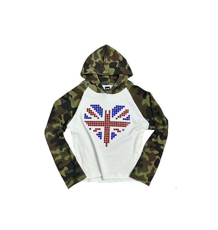 Camo Union Jack Rhinestone Heart Waffle Raglan Hoodie - flat lay front