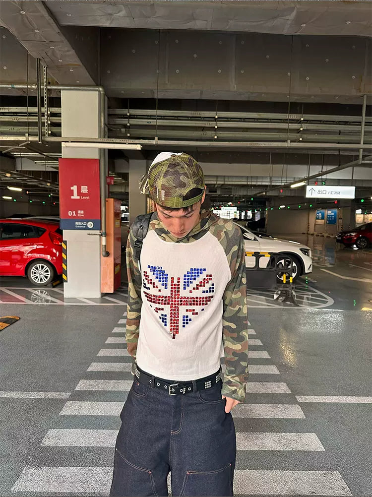Camo Union Jack Rhinestone Heart Waffle Raglan Hoodie - model close-up