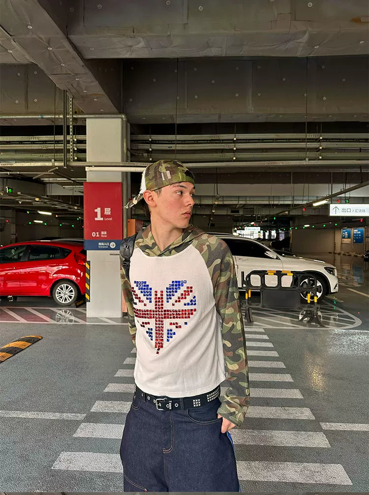 Camo Union Jack Rhinestone Heart Waffle Raglan Hoodie - model front view