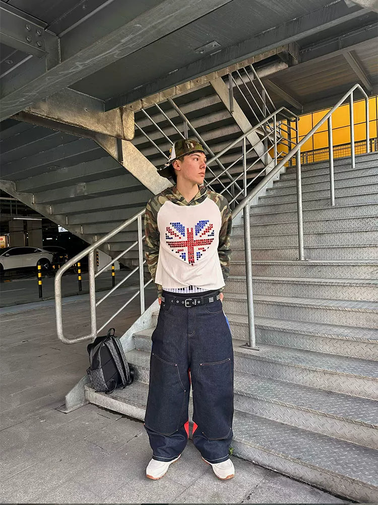 Camo Union Jack Rhinestone Heart Waffle Raglan Hoodie - model side view