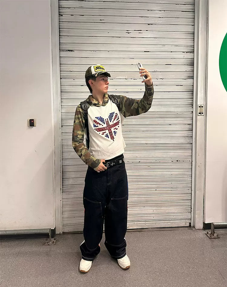 Camo Union Jack Rhinestone Heart Waffle Raglan Hoodie - street style look