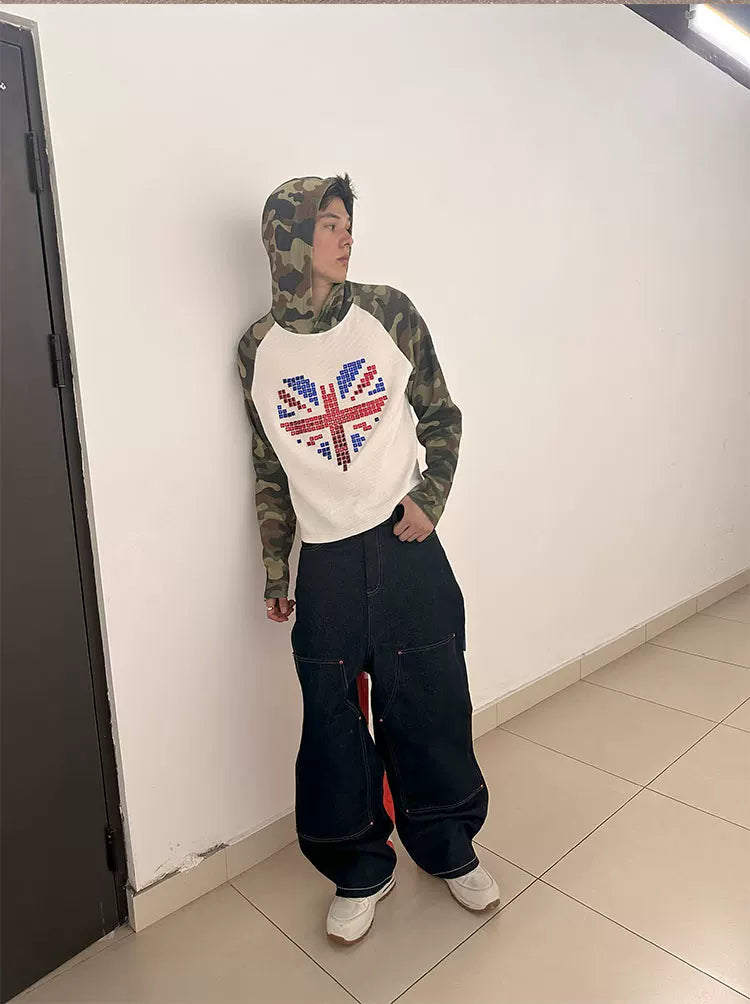 Camo Union Jack Rhinestone Heart Waffle Raglan Hoodie - model full look