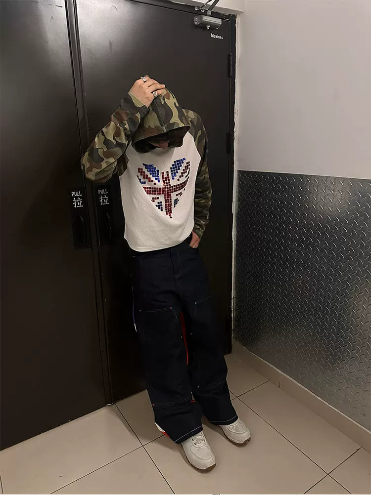 Camo Union Jack Rhinestone Heart Waffle Raglan Hoodie - model hood up