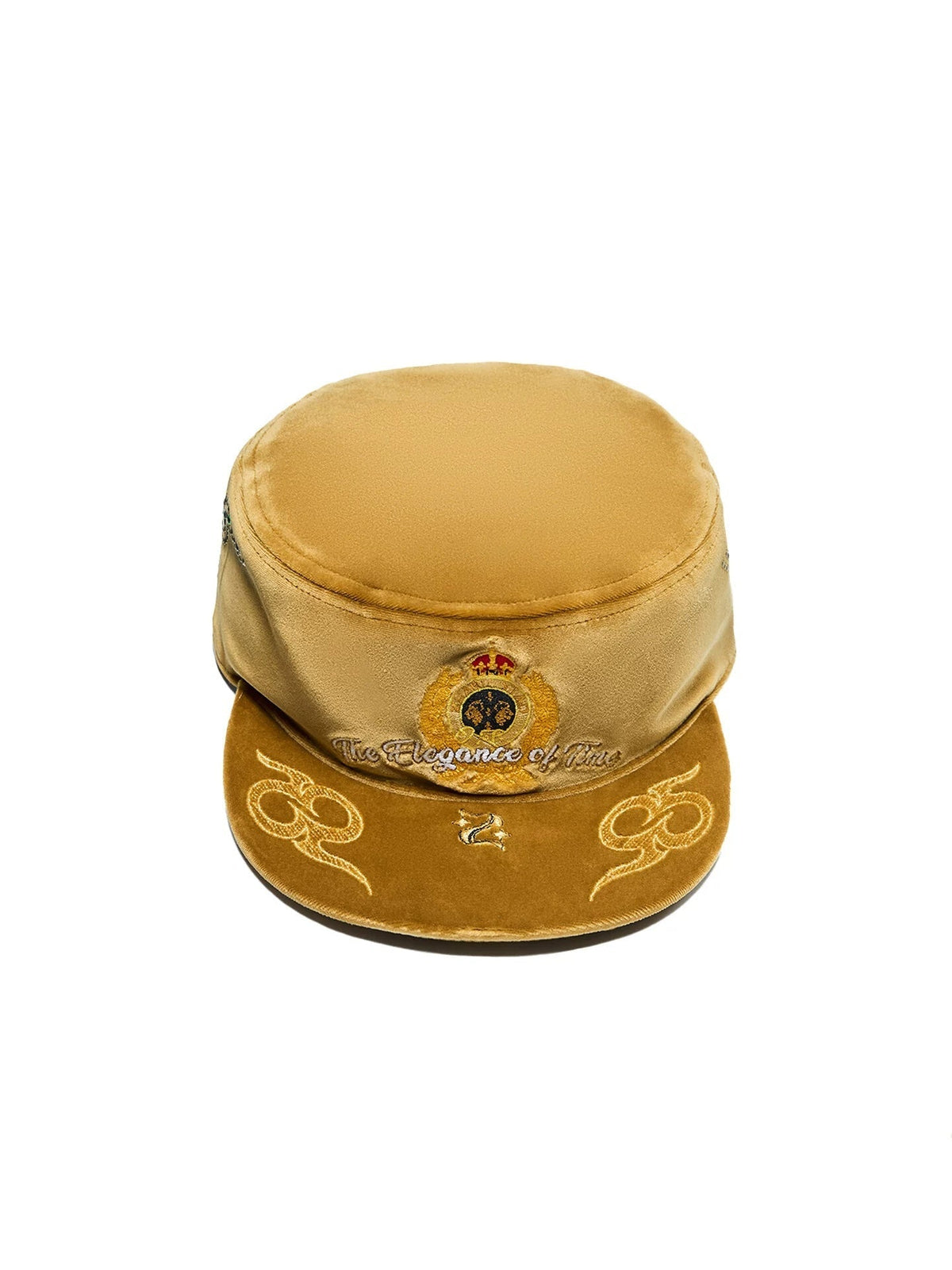ZHABU XIAO Crown Crest Embroidered Velvet Cadet Cap - Mustard front