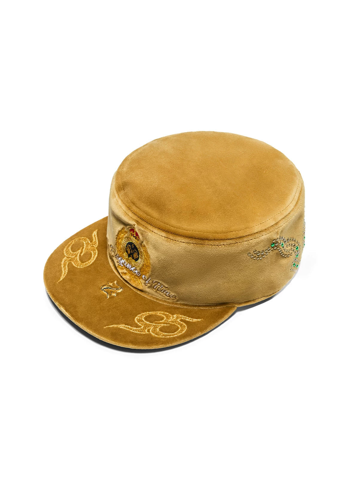 ZHABU XIAO Crown Crest Embroidered Velvet Cadet Cap - Mustard angle