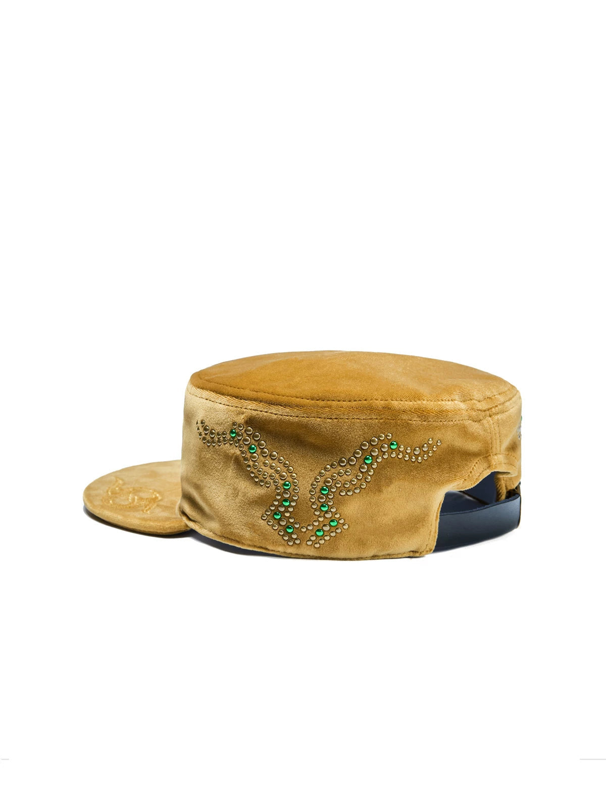 ZHABU XIAO Crown Crest Embroidered Velvet Cadet Cap - Mustard side rhinestones
