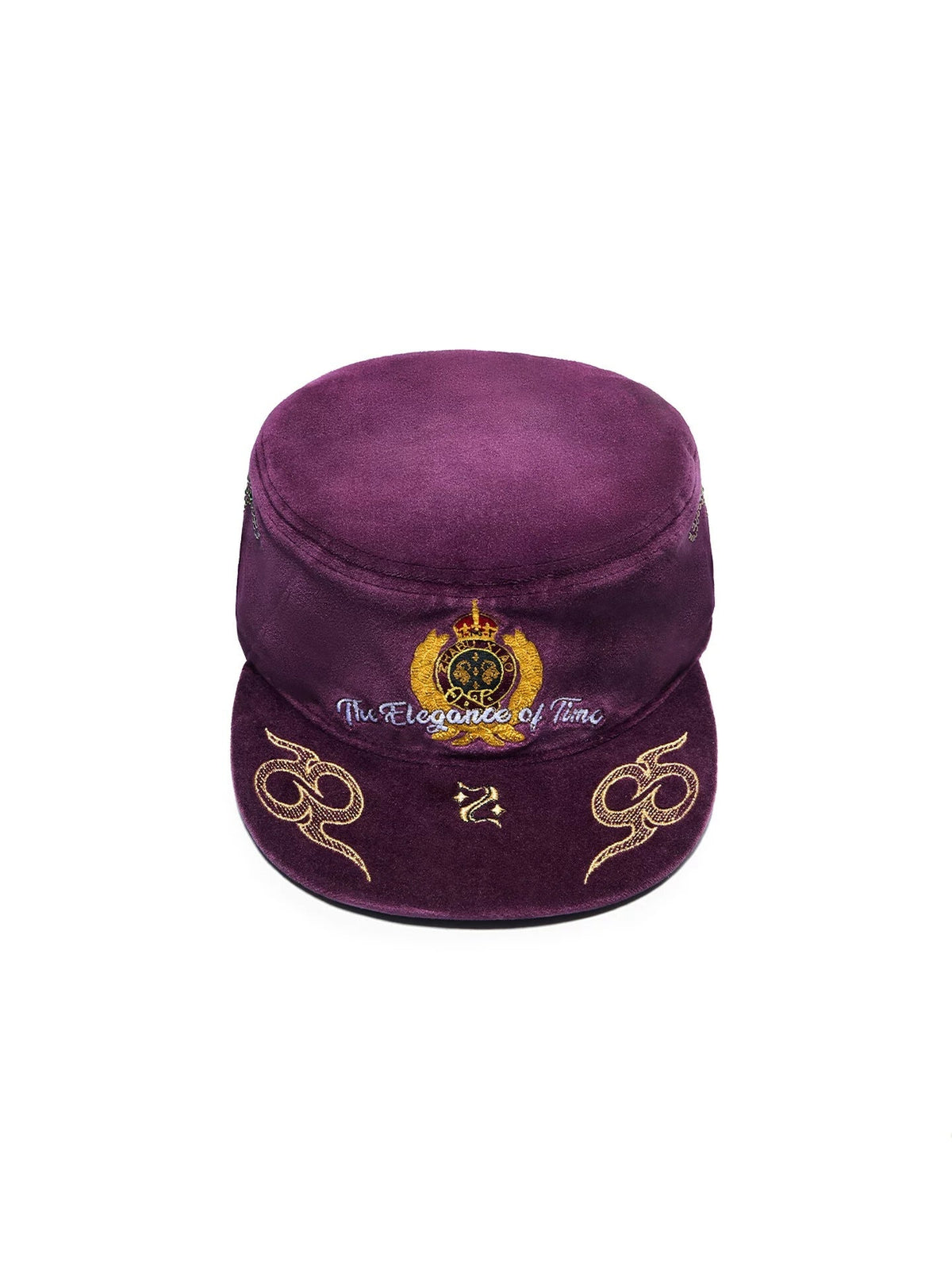 ZHABU XIAO Crown Crest Embroidered Velvet Cadet Cap - Wine front