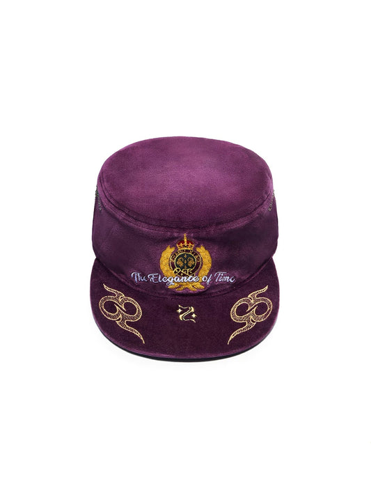 ZHABU XIAO Crown Crest Embroidered Velvet Cadet Cap - Wine front