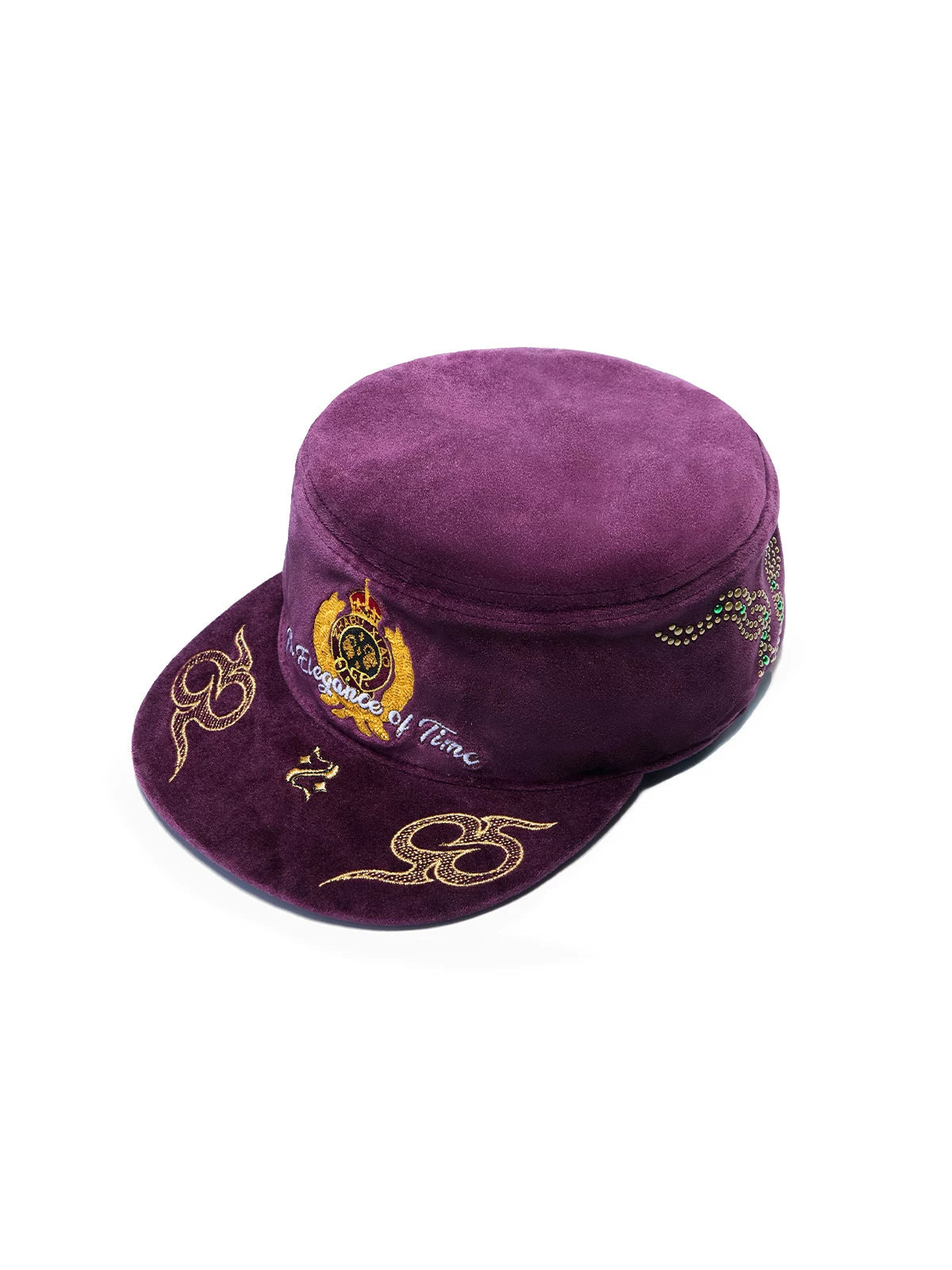 ZHABU XIAO Crown Crest Embroidered Velvet Cadet Cap - Wine angle