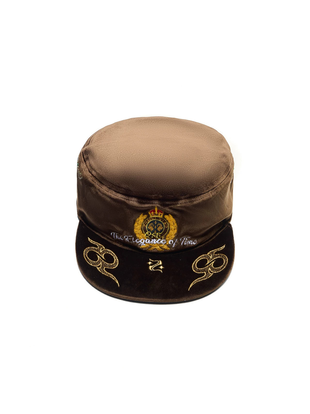 ZHABU XIAO Crown Crest Embroidered Velvet Cadet Cap - Brown front