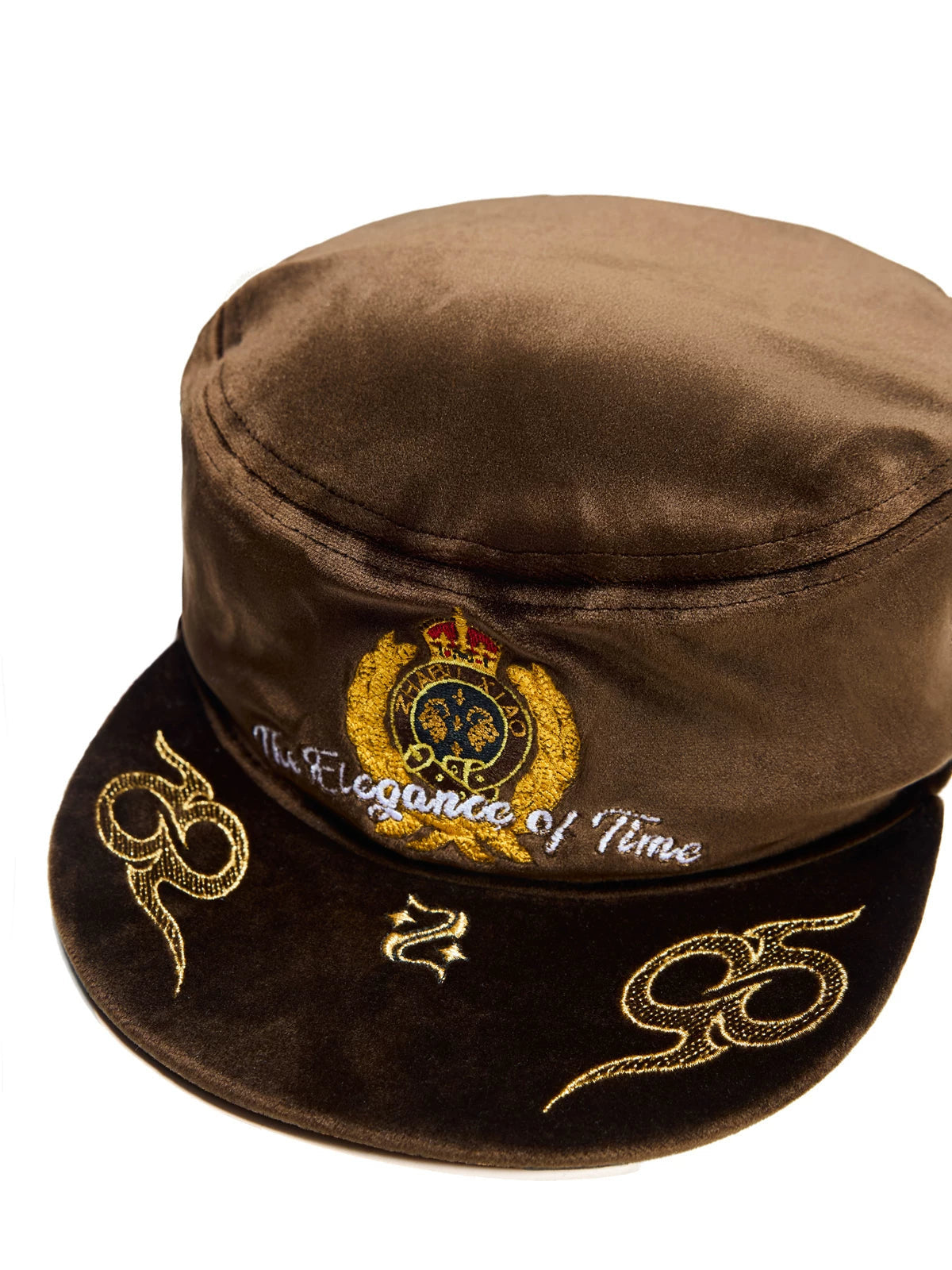 ZHABU XIAO Crown Crest Embroidered Velvet Cadet Cap - Brown close-up