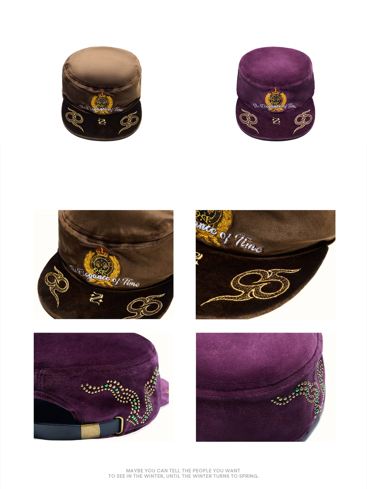 ZHABU XIAO Crown Crest Embroidered Velvet Cadet Cap - Wine and Brown details