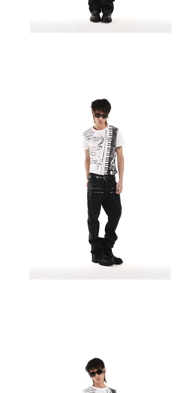 DETW Rhinestone Music Note Print T-Shirt - White modeled front styling