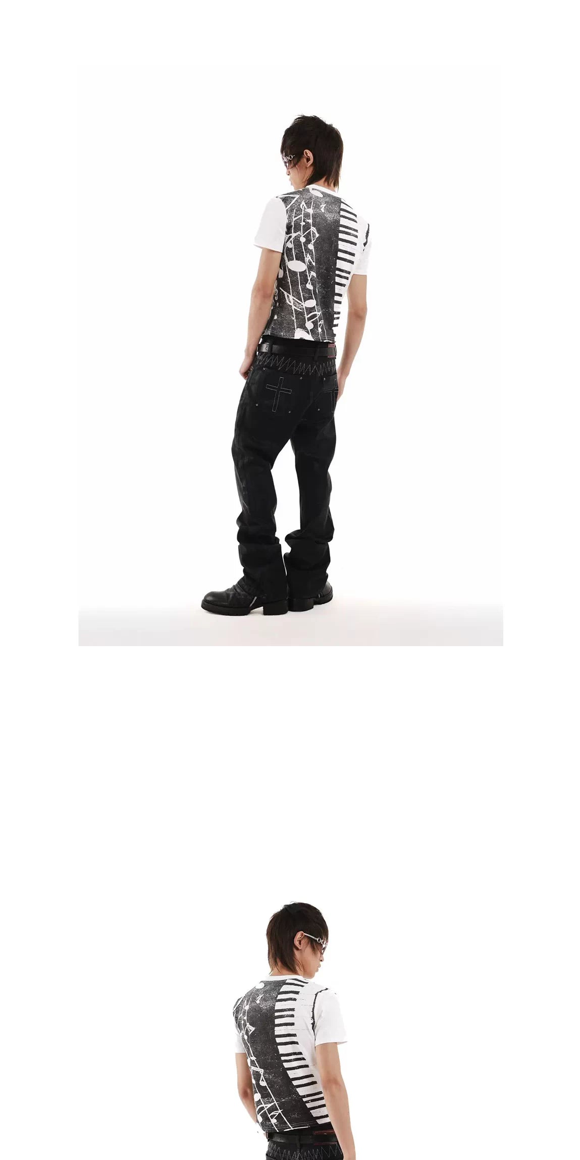 DETW Rhinestone Music Note Print T-Shirt - White back lookbook