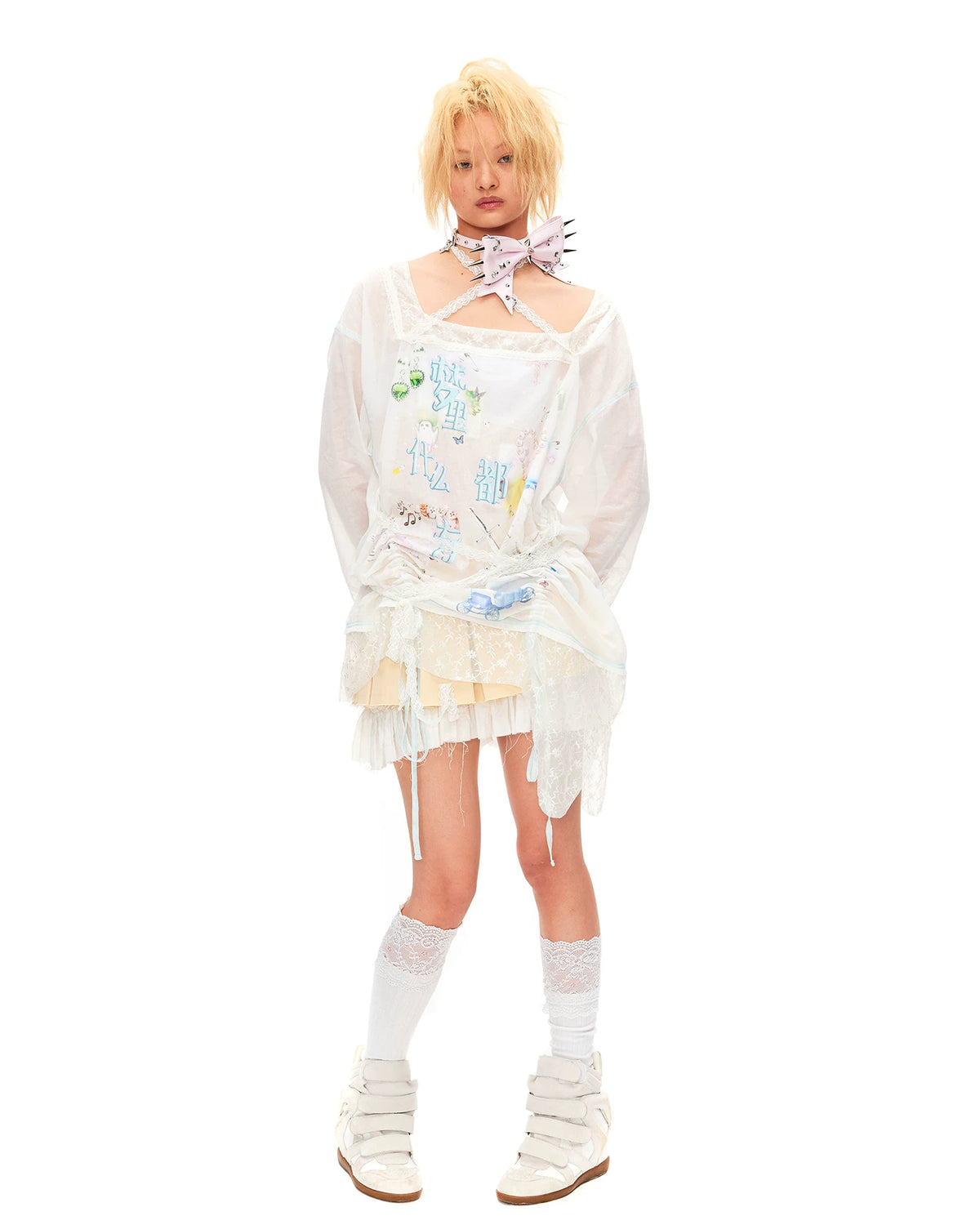 CFIERCE Dream Slogan Lace Drawstring Top - white lace drawstring top worn full front