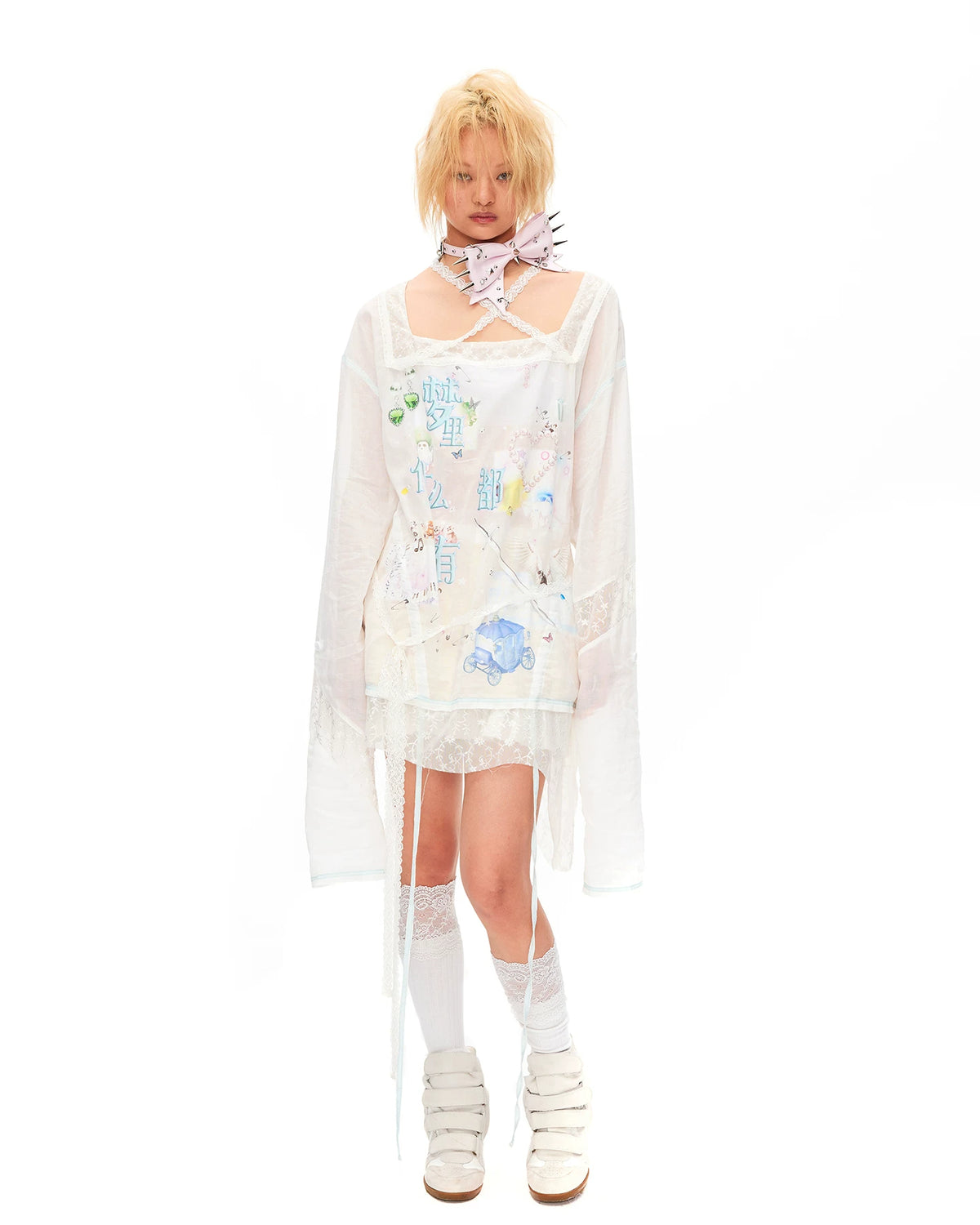 CFIERCE Dream Slogan Lace Drawstring Top - white lace drawstring top worn long loose front