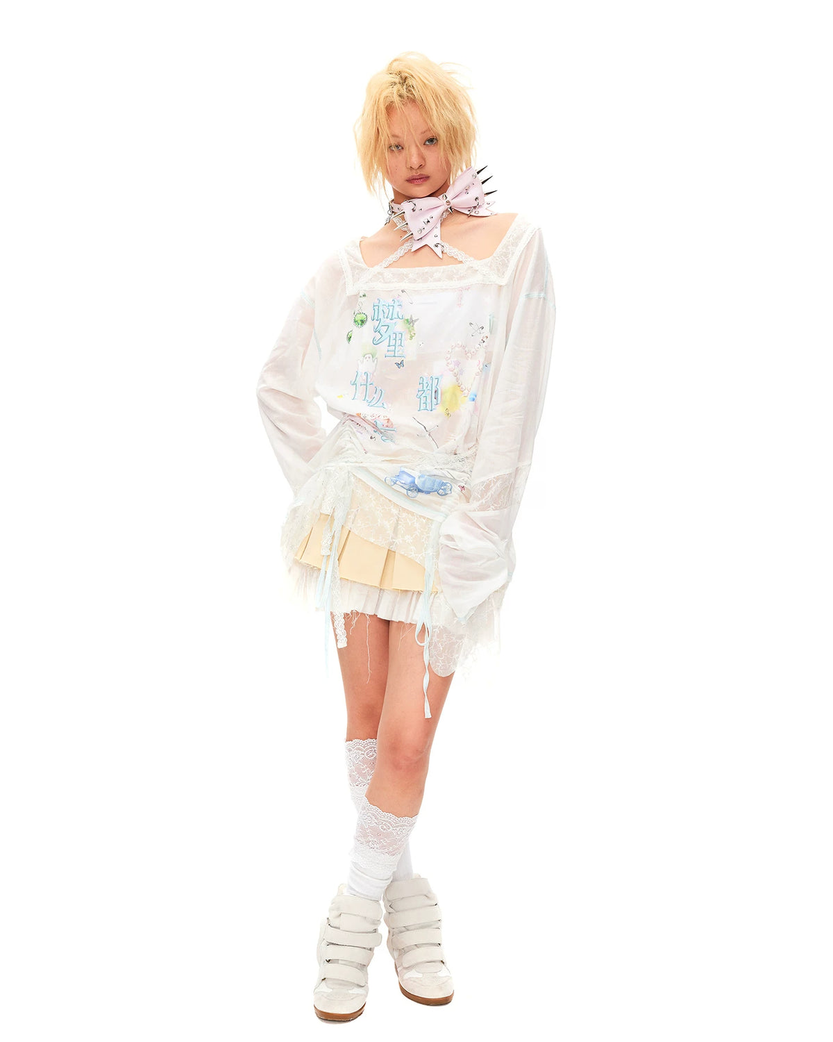 CFIERCE Dream Slogan Lace Drawstring Top - white lace drawstring top worn three-quarter front