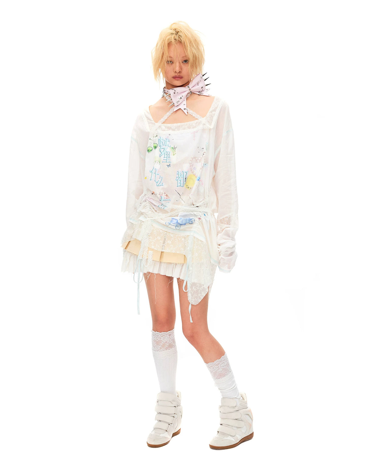 CFIERCE Dream Slogan Lace Drawstring Top - white lace drawstring top worn angled full outfit