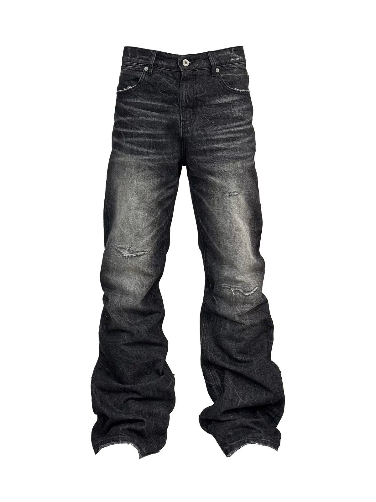 NumbAsia Washed Black Distressed Flare Jeans - full front product view on white
