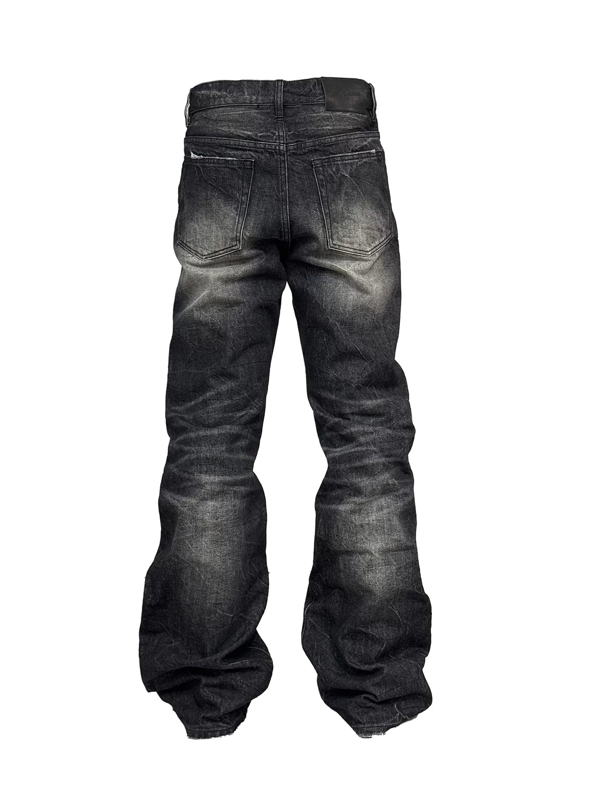 NumbAsia Washed Black Distressed Flare Jeans - full back product view on white