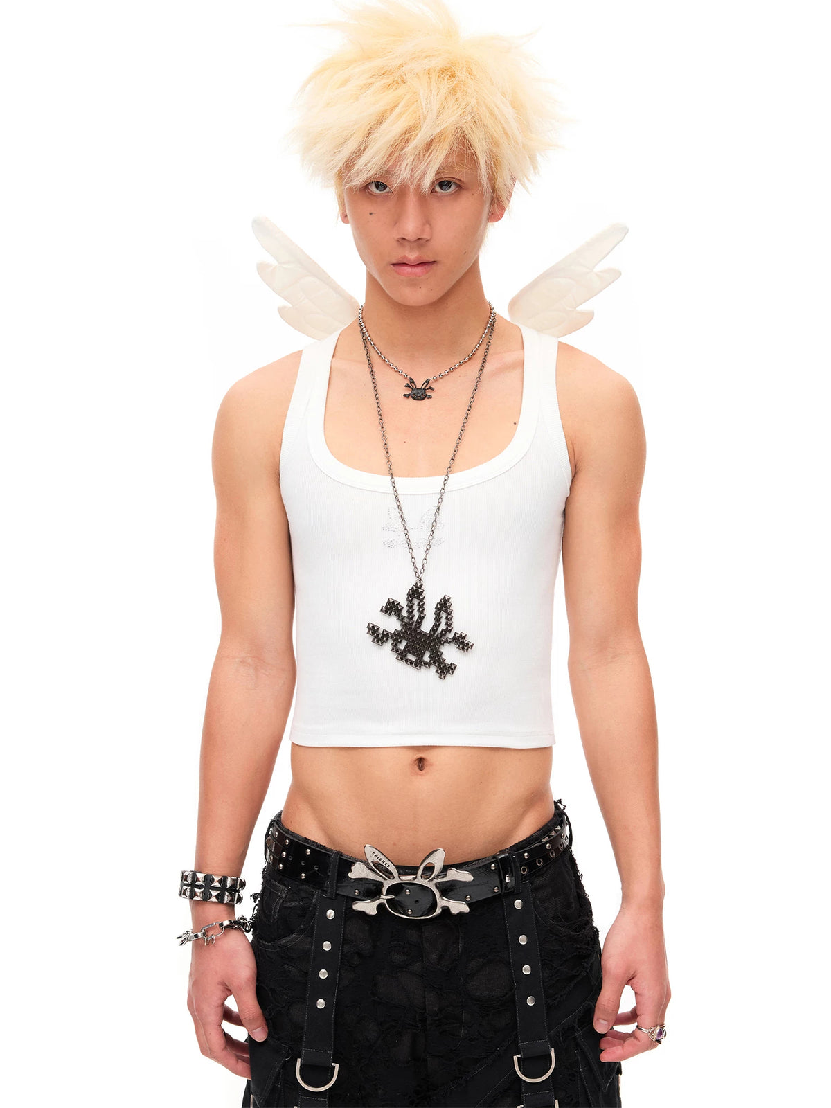 CFIERCE Rhinestone Winged Crop Tank Top - white winged crop tank top worn by model front on white background