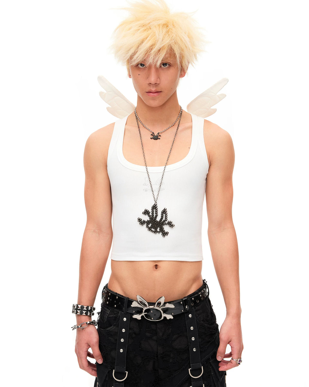 CFIERCE Rhinestone Winged Crop Tank Top - white winged crop tank top worn close front