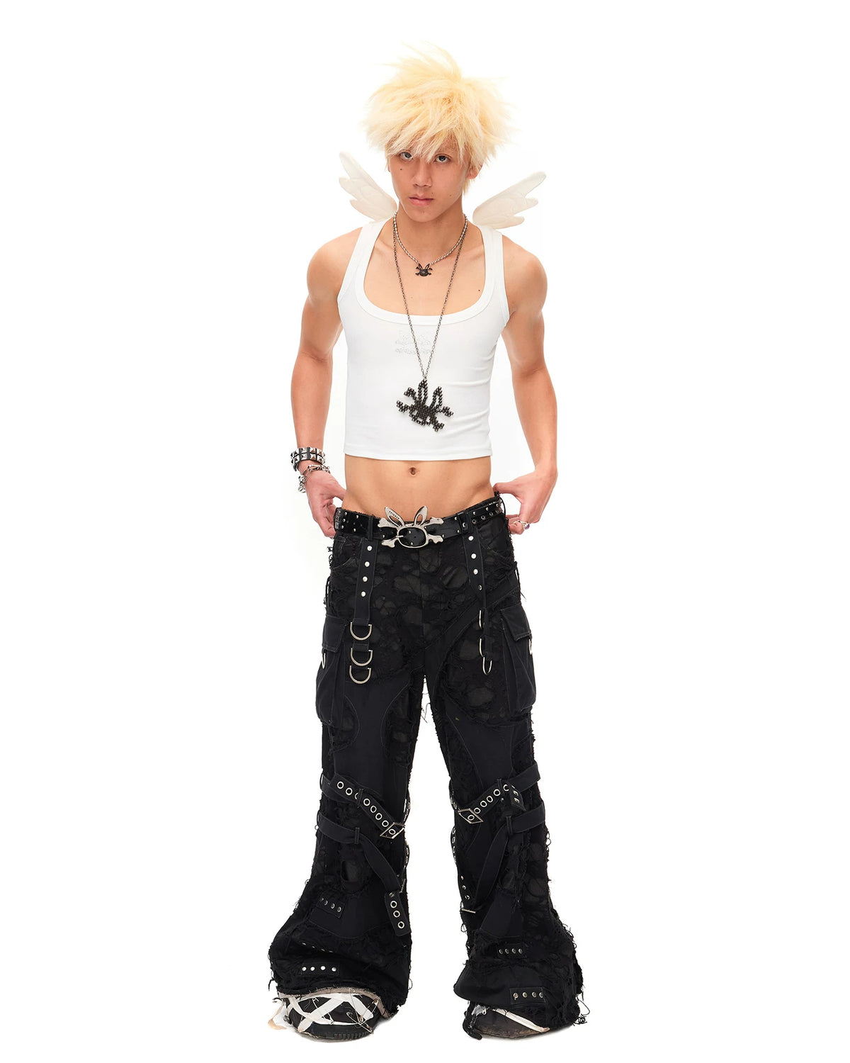 CFIERCE Rhinestone Winged Crop Tank Top - white winged crop tank top worn with black trousers