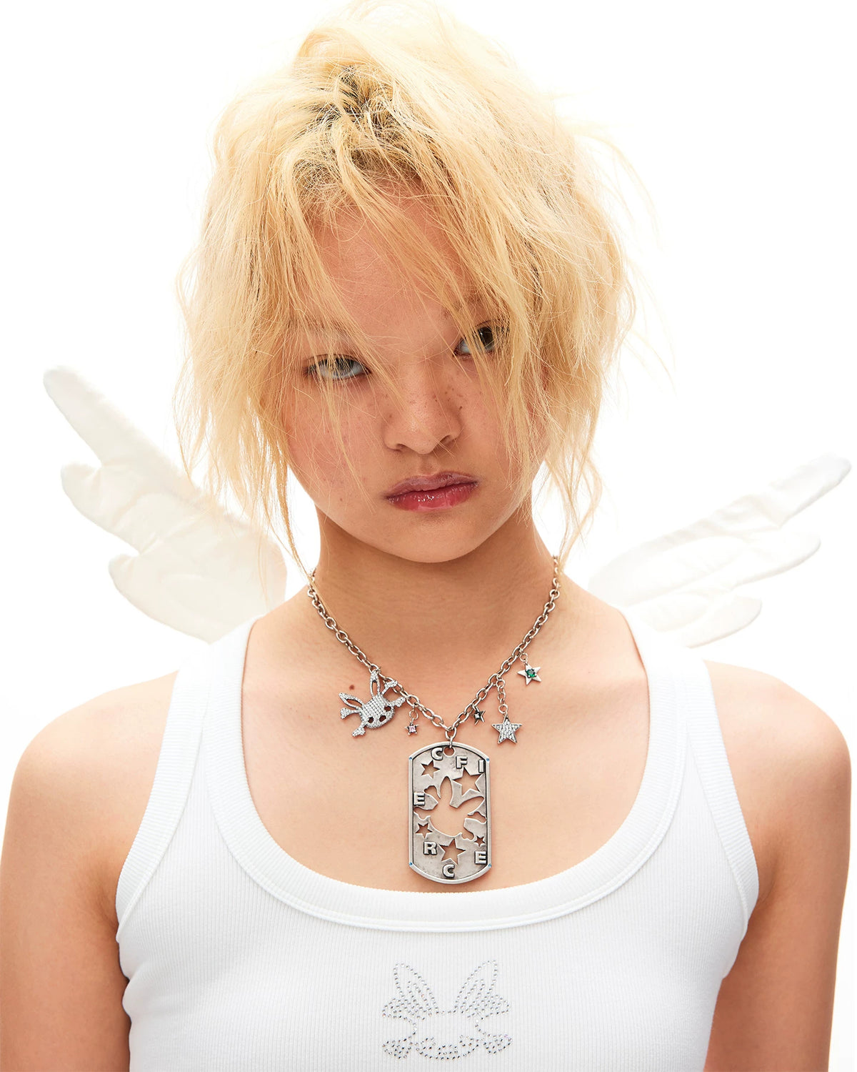 CFIERCE Rhinestone Winged Crop Tank Top - rhinestone motif and wings on white crop tank top close view