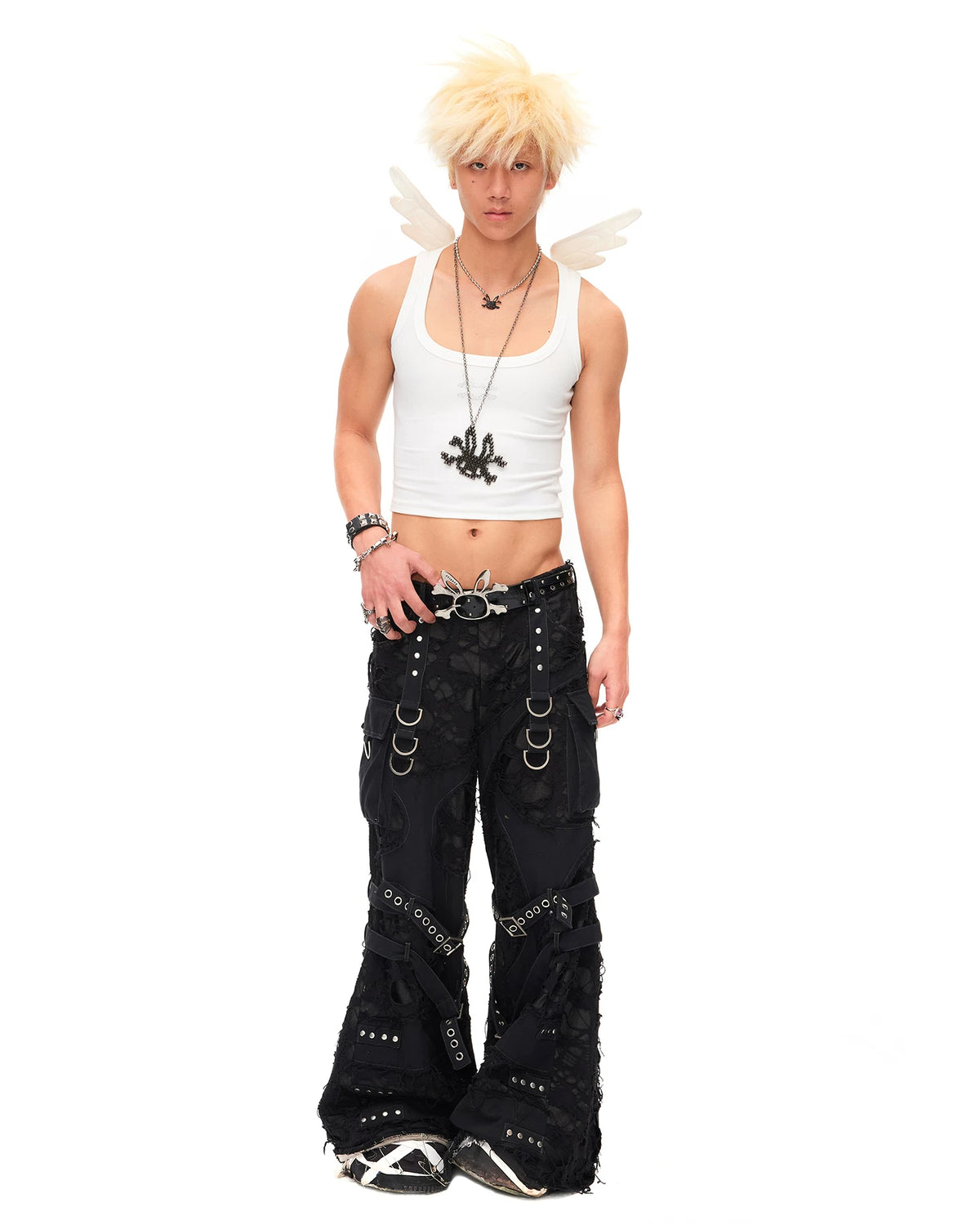CFIERCE Rhinestone Winged Crop Tank Top - white winged crop tank top worn front full view with black trousers