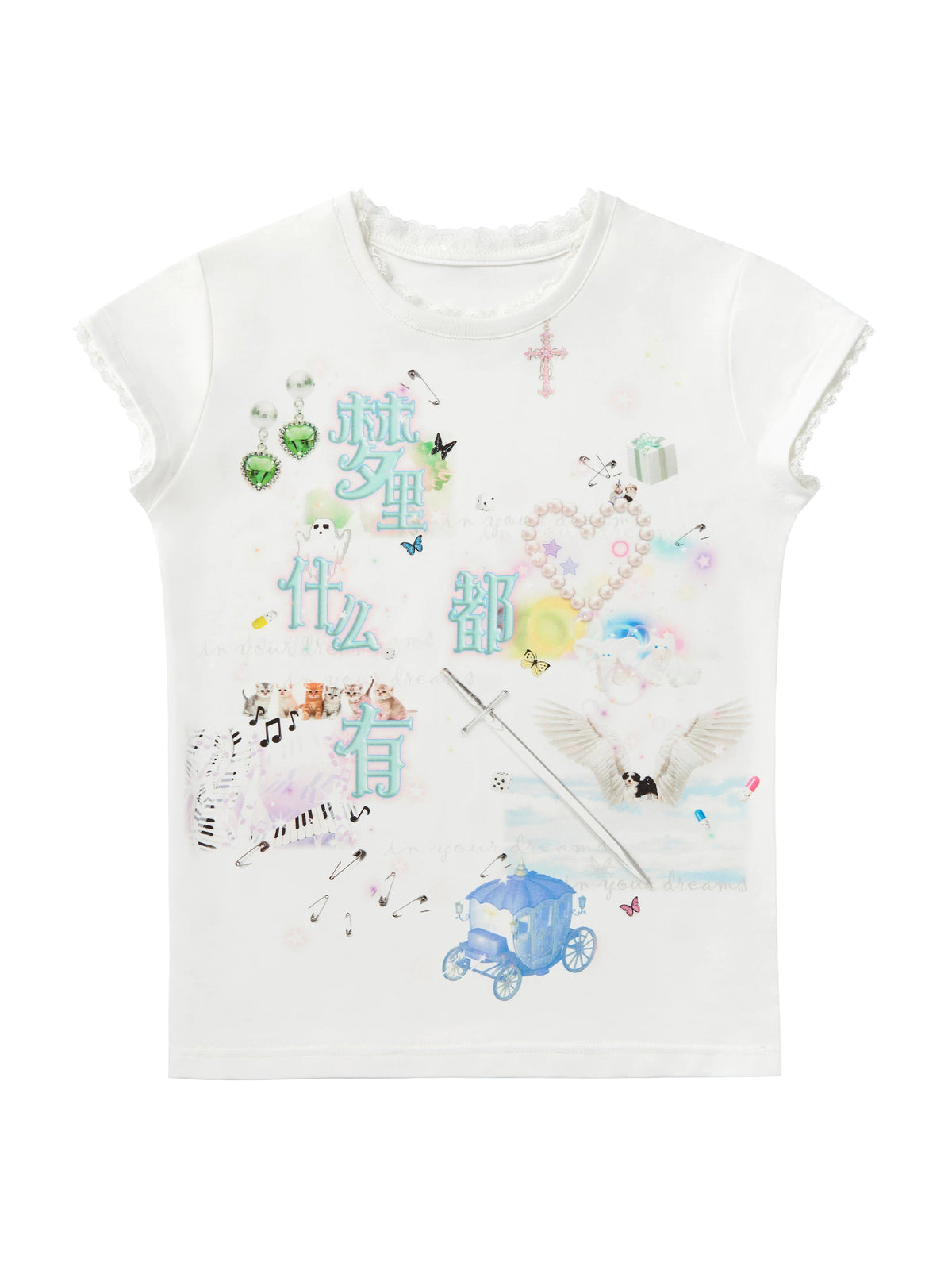 CFIERCE Dream Collage Lace-Trim Graphic T-Shirt - white background front