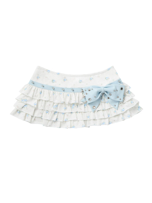 CFIERCE Studded Bow Floral Ruffle Mini Skirt - white background front