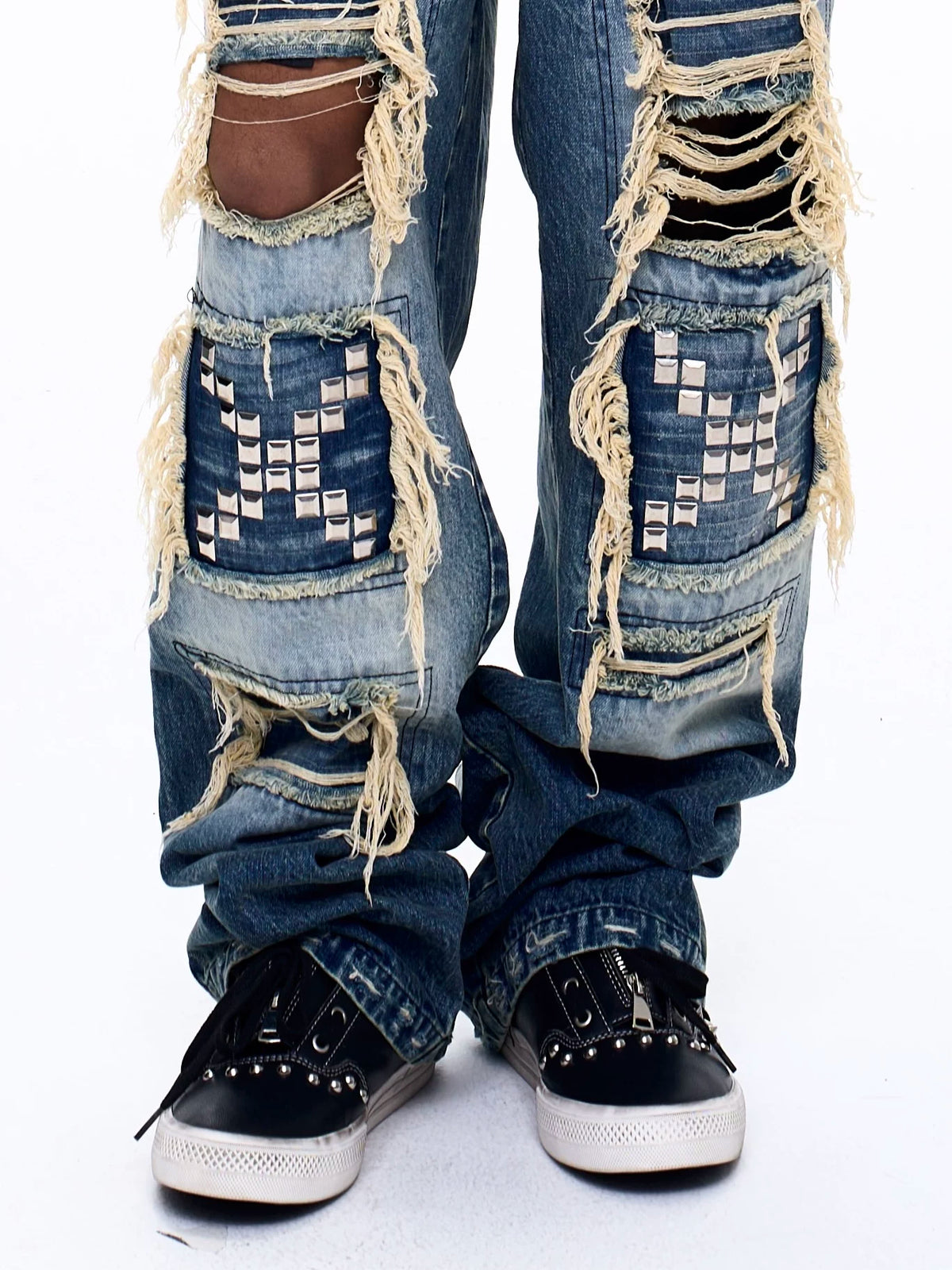 Fourth3ex Studded Double Zip Mid-Top Sneakers - Black worn with distressed jeans - front