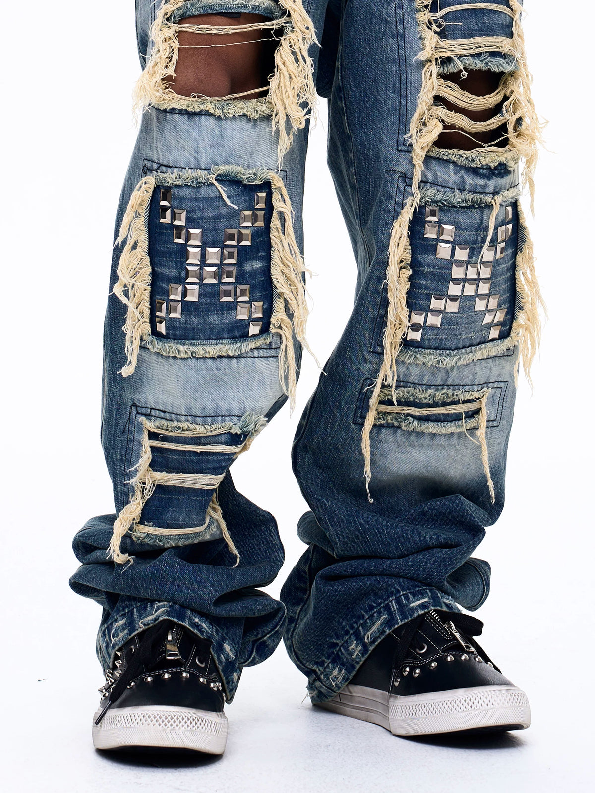 Fourth3ex Studded Double Zip Mid-Top Sneakers - Black worn with distressed jeans - front close
