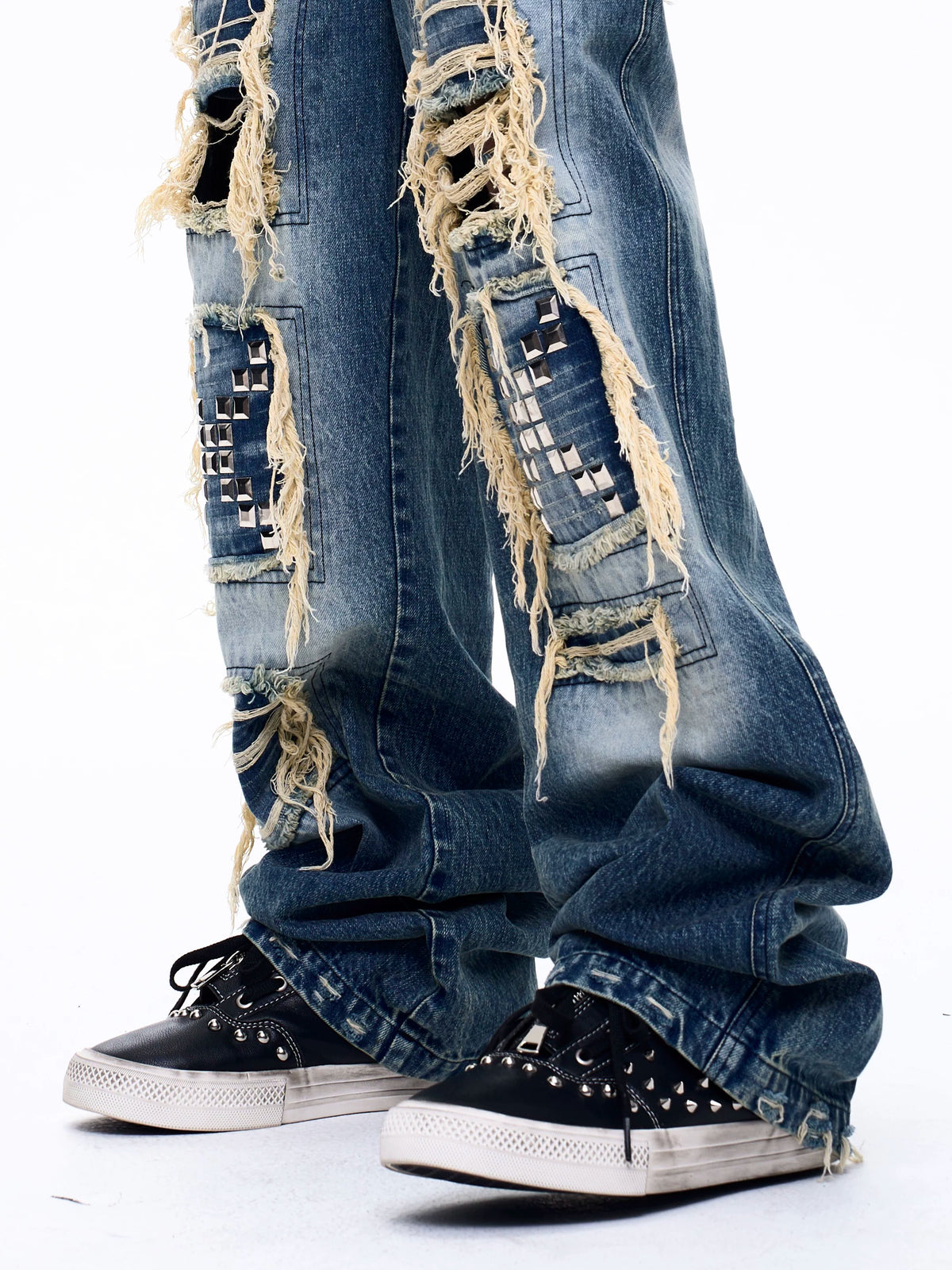 Fourth3ex Studded Double Zip Mid-Top Sneakers - Black worn with distressed jeans - angled