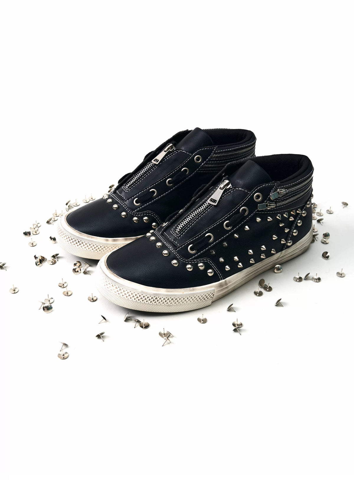 Fourth3ex Studded Double Zip Mid-Top Sneakers - Black pair angled view
