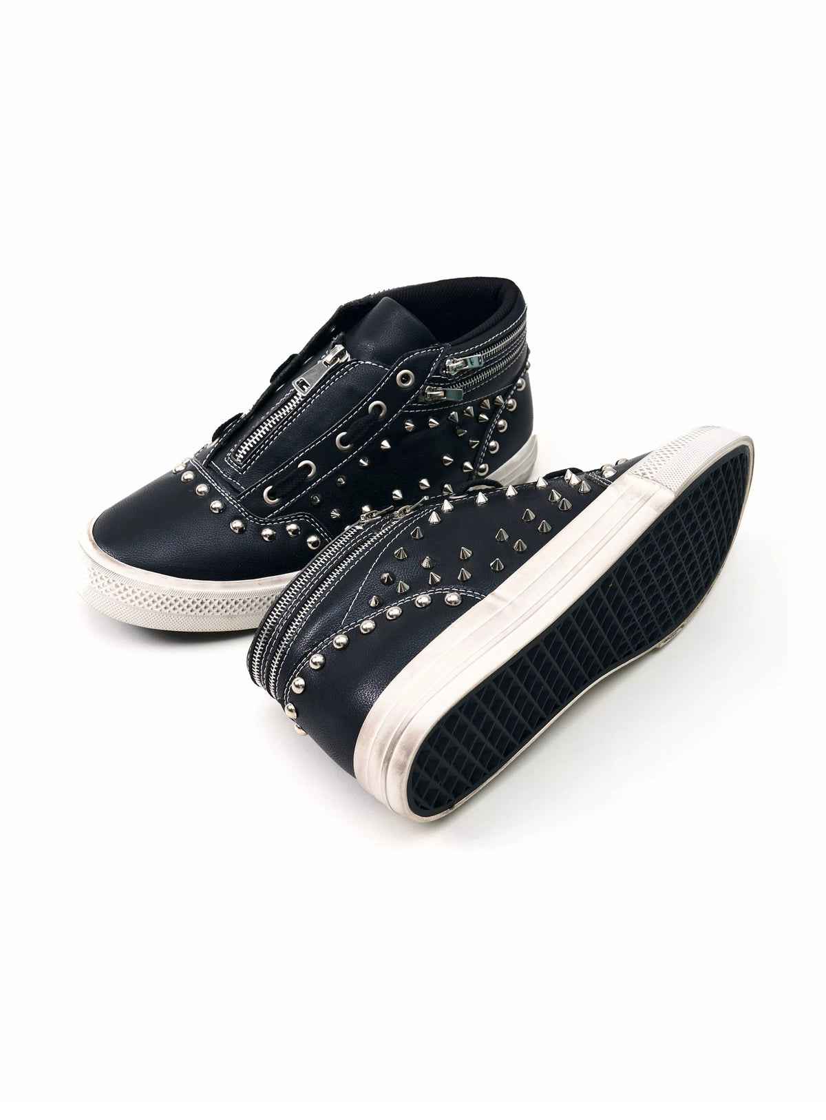 Fourth3ex Studded Double Zip Mid-Top Sneakers - Black pair with outsole