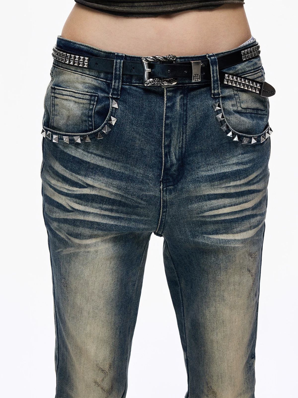 Lightinus Studded Snakeskin Pocket Flare Jeans - studded front pocket close-up