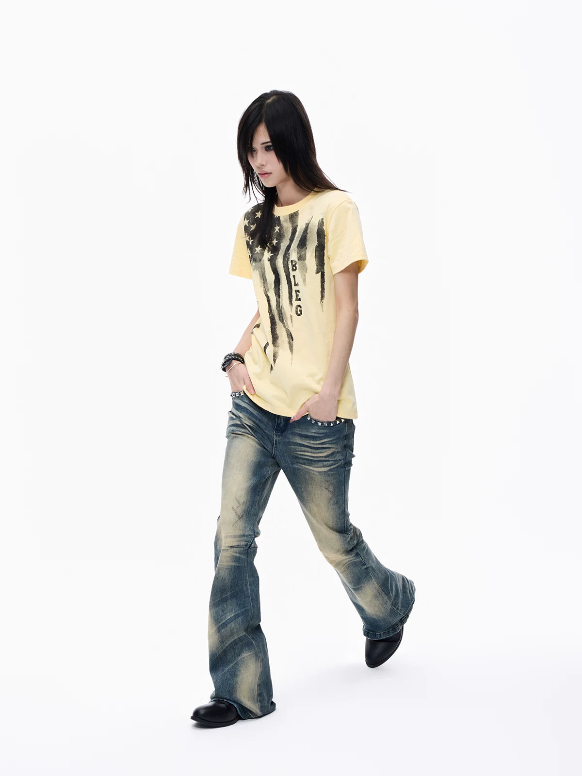 Lightinus Studded Snakeskin Pocket Flare Jeans - walking view